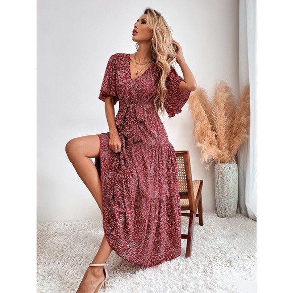 BohoGypsyDreamer.com Dresses & Skirts - polka dot Short Sleeve Ruffle Hem Belted maxi Dress red